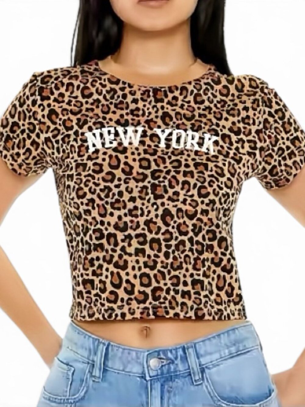 Forever 21 Leopard Print New York Baby Tee Crop Top S NWT